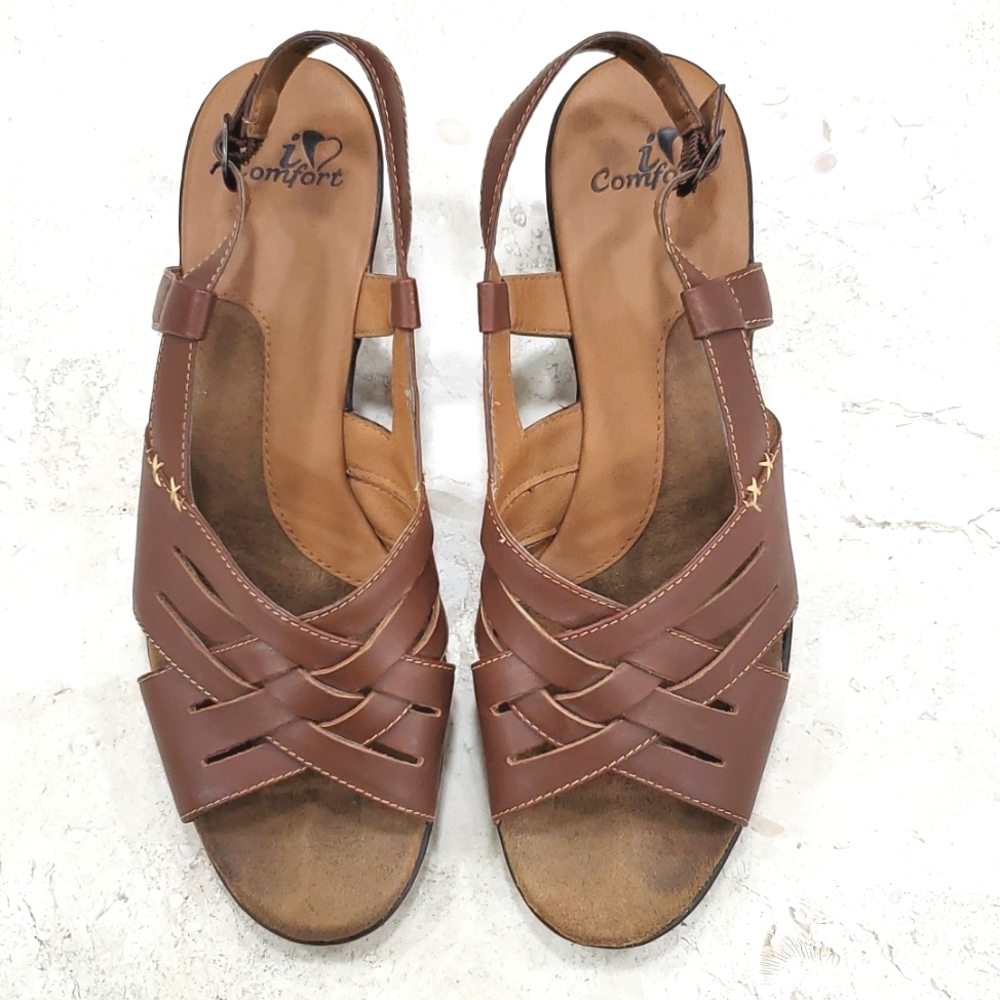 I Love Comfort Sandals Women’s Size 11 brown Leather criss-cross 2 inch heel